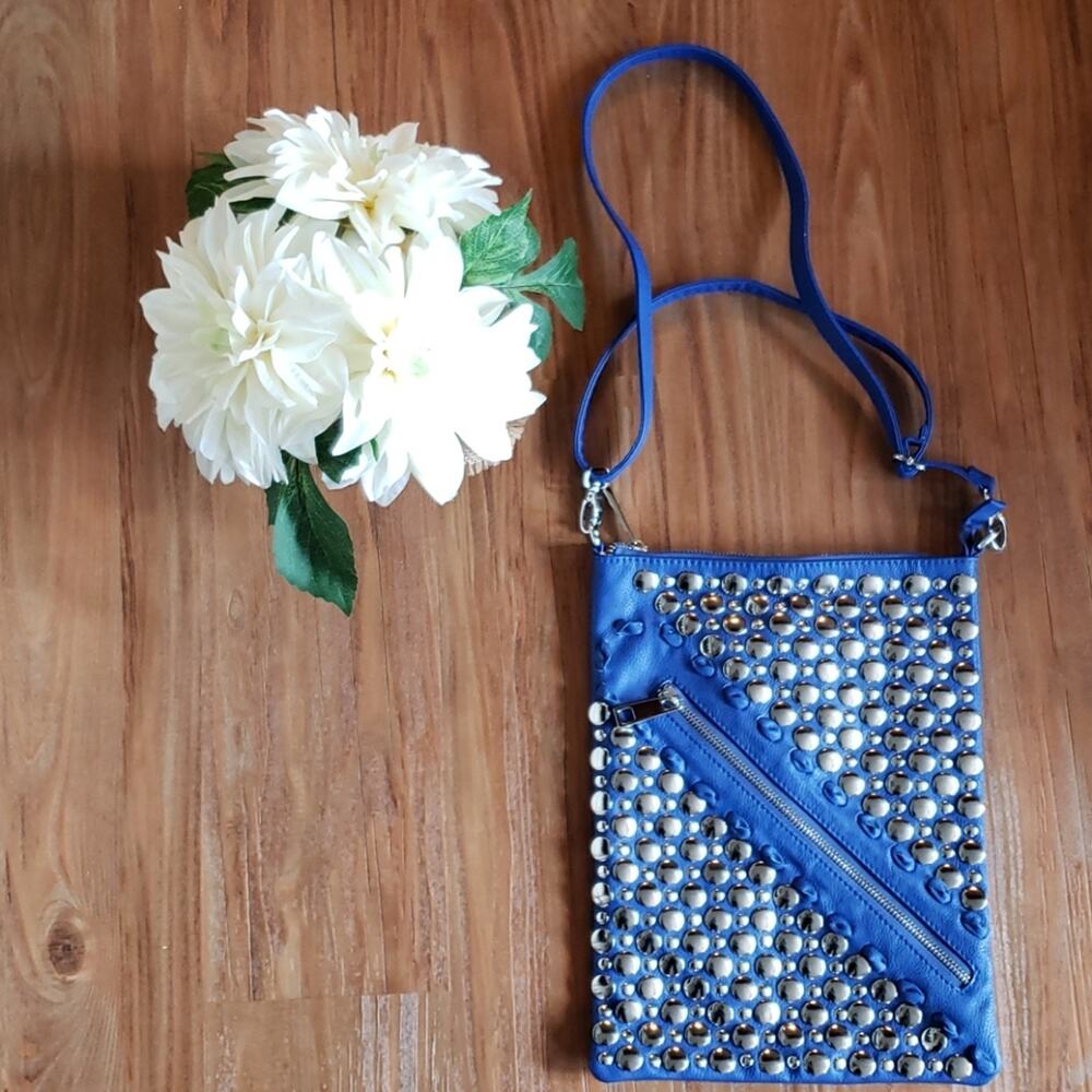 Royal Blue Lionel Silver Studded Crossbody Purse Exposed Zipper Indie Sleaze EUC